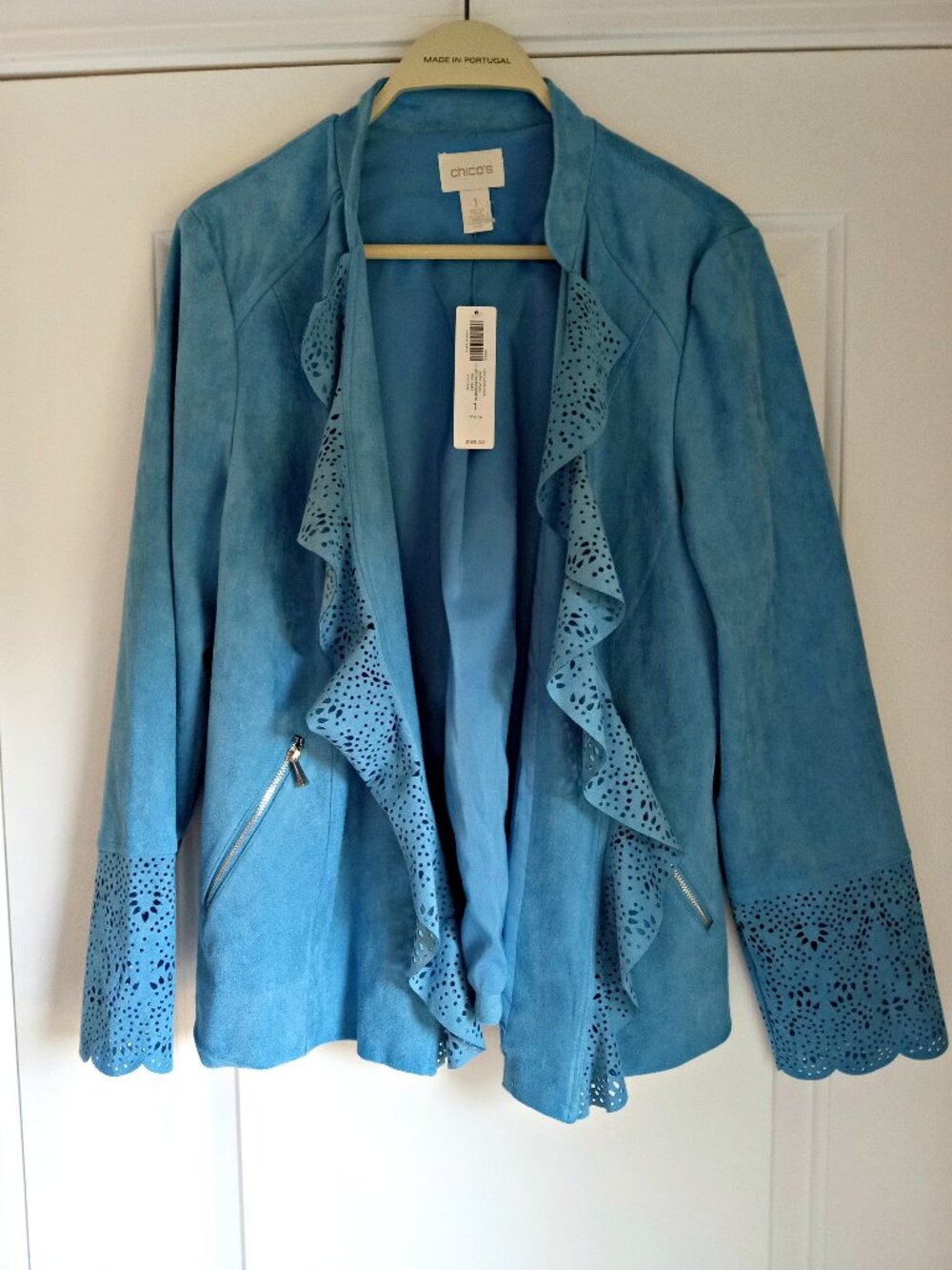 NEW! 169.00 CHICO'S SZ 1 TURQUOISE FAUX SUEDE JACKET